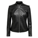 Ingrid Lambskin Black Leather Jacket Women, Stand Collar & Regular Fit