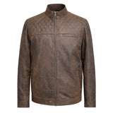 Magnus Brown Leather Jacket Men Goatskin, Quilted Details & Regular Fit